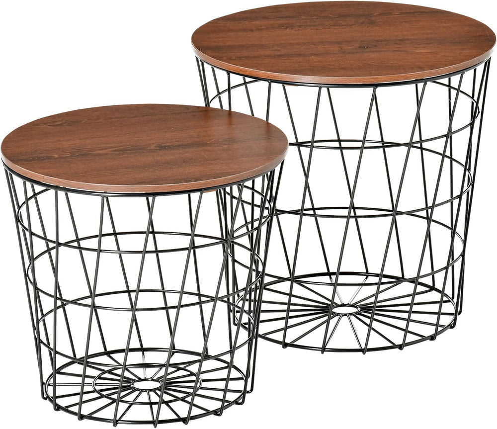 Nesting End Tables Set of 2 with Storage, Round Removable Tops, Black/Brown |...