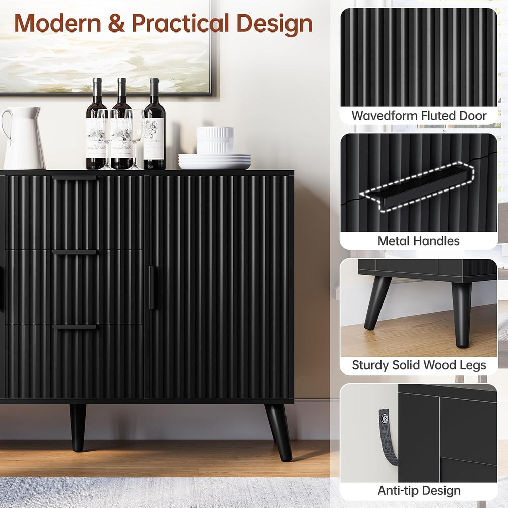 47.2" Fluted Sideboard Buffet Cabinet with 3 Drawers, Black Modern Buffe...