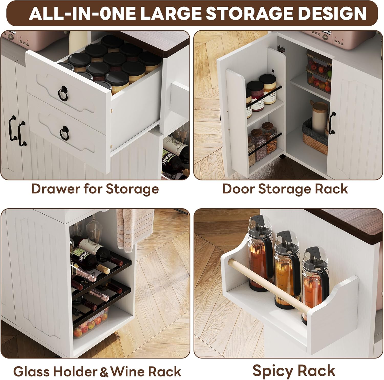 LIKIMIO Kitchen Island with Power Outlet & USB Charging, Rolling Island on Wheels with Drop Leaf, Farmhouse Kitchen Island Cart with Spice Rack, Wine Rack & Glass Holder for Small Kitchen, White