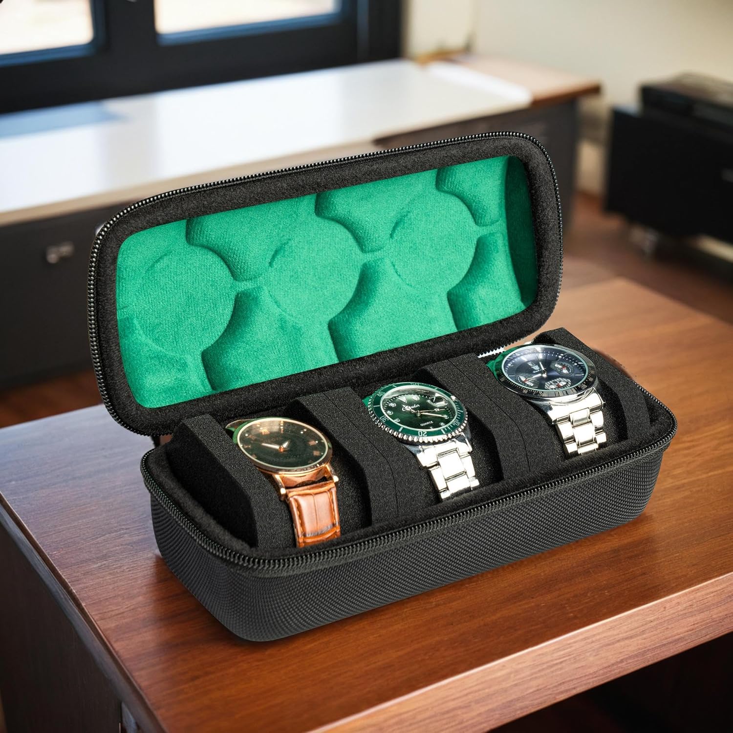 Hard Watch Travel Case,3 slots Watch Roll Case Storage and Organizer for Men and Women, with anti-move watch pillow (Black 3slot with green lining)