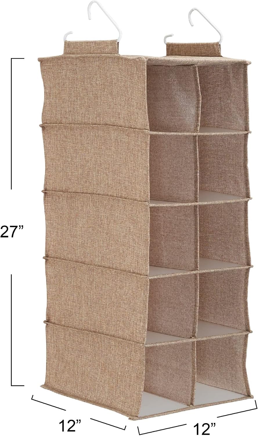 Household Essentials 10‑Pocket Hanging Shoe Organizer with Side‑by‑Side Canvas Storage and 2 Hooks for Support, Beige