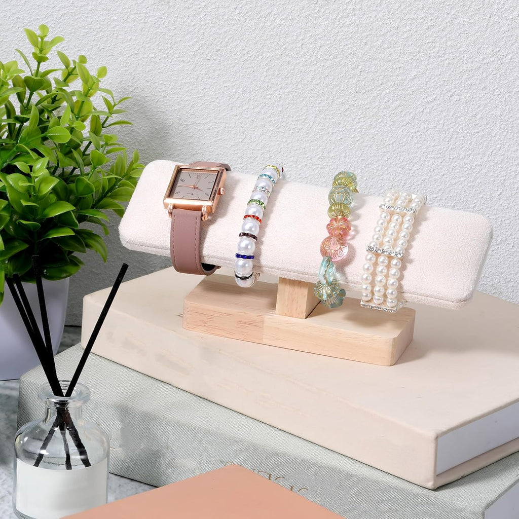 Wooden Watch Display Stand Wood T-Bar Bracelet Display Stand Jewelry Organizer Holder with Faux Suede Surface for Watches, Bangles, Scrunchies, Home Use, Retail Displays Selling 7.6x1.9x3.5inch