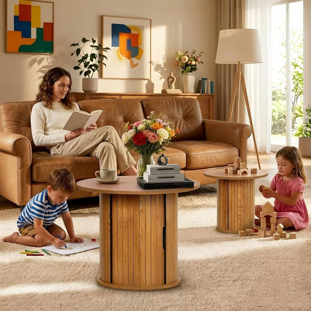 Modern Walnut End Table with Storage - Fluted Design Living Room Accent Table...