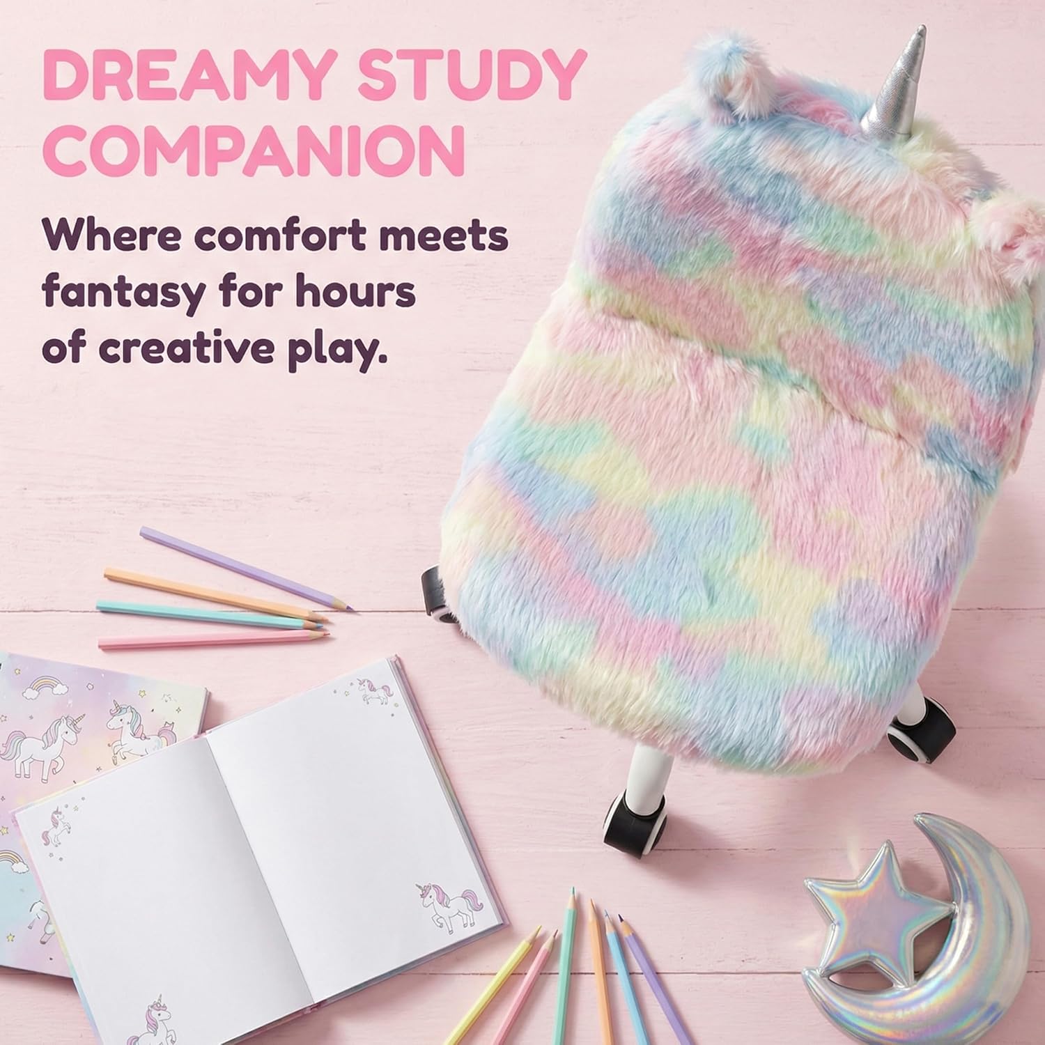 Cute Fuzzy Kids Chair Funny Rolling Study Desk Chair Colorful Girls Vanity Swivel Chair with White Foot