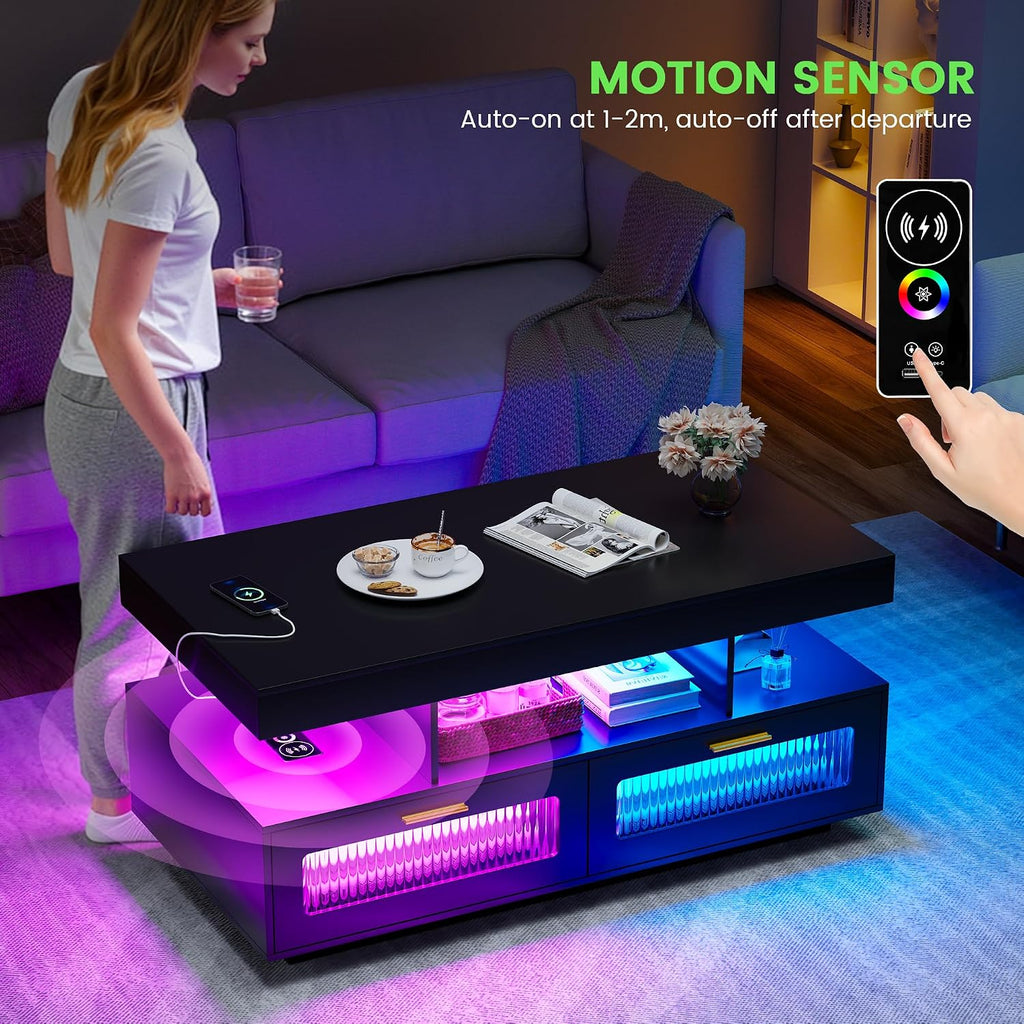 HNEBC Living Room Set, Industrial Coffee Table and TV Stand,2PCS Black | RGB Lights,Charging Station,USB-C,Wireless,2 AC Outlet,Motion-Sensor Lights,Glass doors