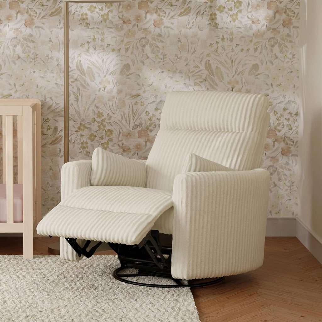 Davinci Atlas Upholstered Recliner and Swivel Glider in Cream Cozy Corduroy | Nursery Glider Chair with High Back, Padded Armrests, and Bolster Pillows | Smooth Recline for Nursing and Feeding
