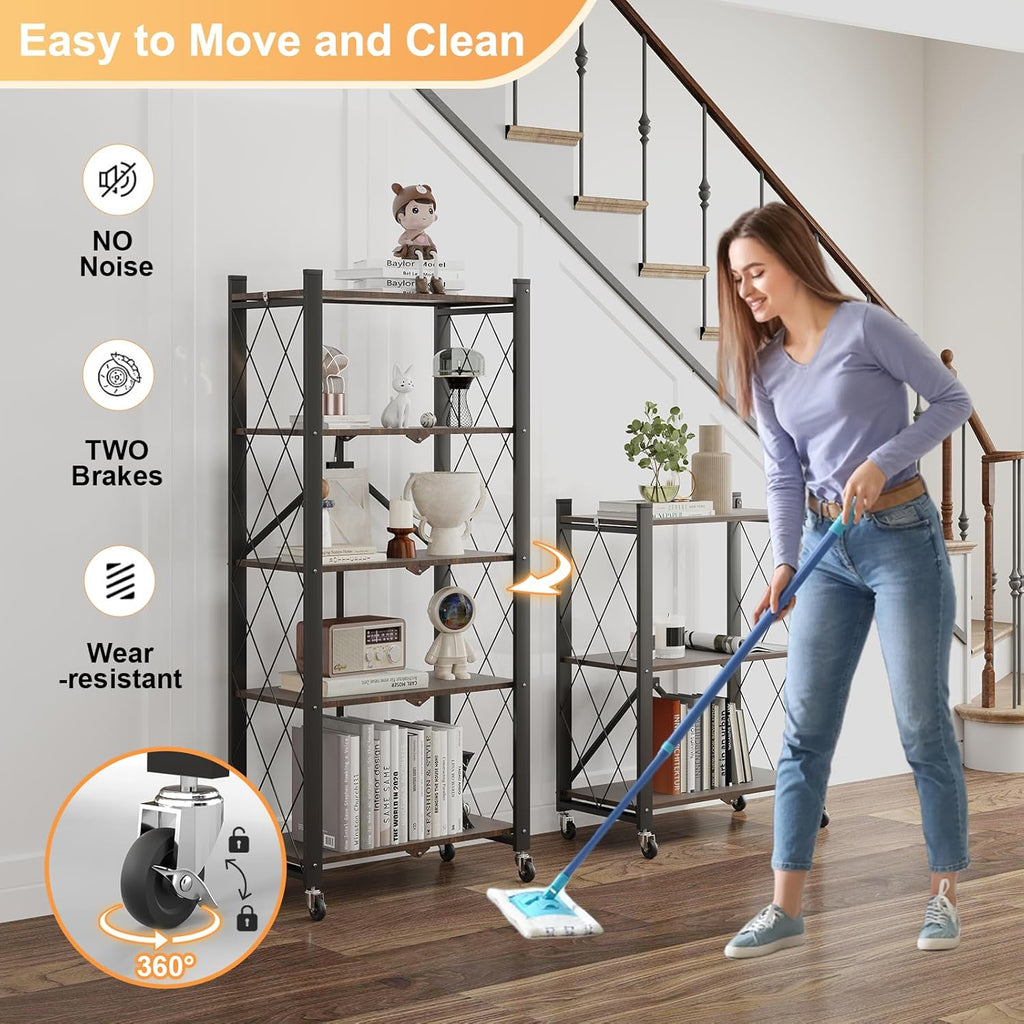 5-Tier Foldable Storage Shelves with Wheels, Folding Metal Shelf Unit, Folding Bookshelf no Assembly, Collapsible Shelves for Craft Shows for Kitchen, Bedroom, Living Room, Rustic Brown