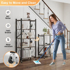 5-Tier Foldable Storage Shelves with Wheels, Folding Metal Shelf Unit, Folding Bookshelf no Assembly, Collapsible Shelves for Craft Shows for Kitchen, Bedroom, Living Room, Rustic Brown