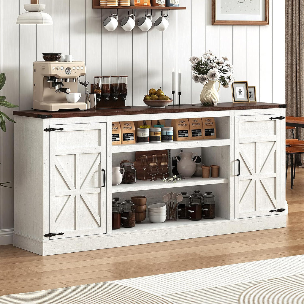XVD 75" Farmhouse Coffee Bar with Charging Station, Sideboard Buffet with Large Storage, Wood Storage Cabinet with Adjustable Shelves for Kitchen, Living Room, Rustic White