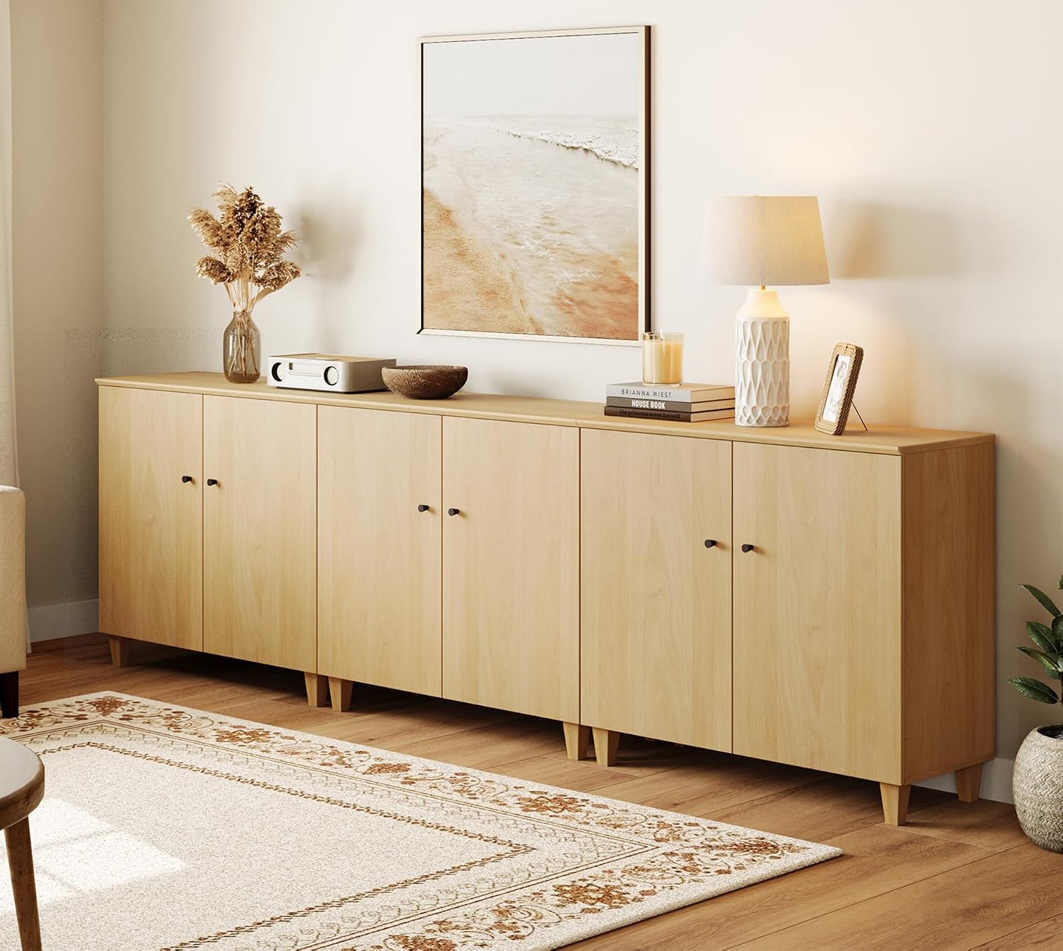 WAMPAT Modern Large Sideboards Credenza Storage Cabinets, 3 Pieces, Oak | 106" Wide Buffet Table w/ Doors & Shelves, Mid Century Tall Media Console, Wood Kitchen Coffee Bar for Living Room, Hallway