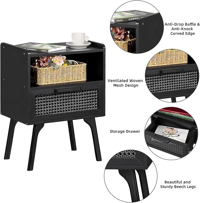 Lerliuo Rattan Nightstands Set of 2, Boho Side Table with Drawer Open Shelf, ...