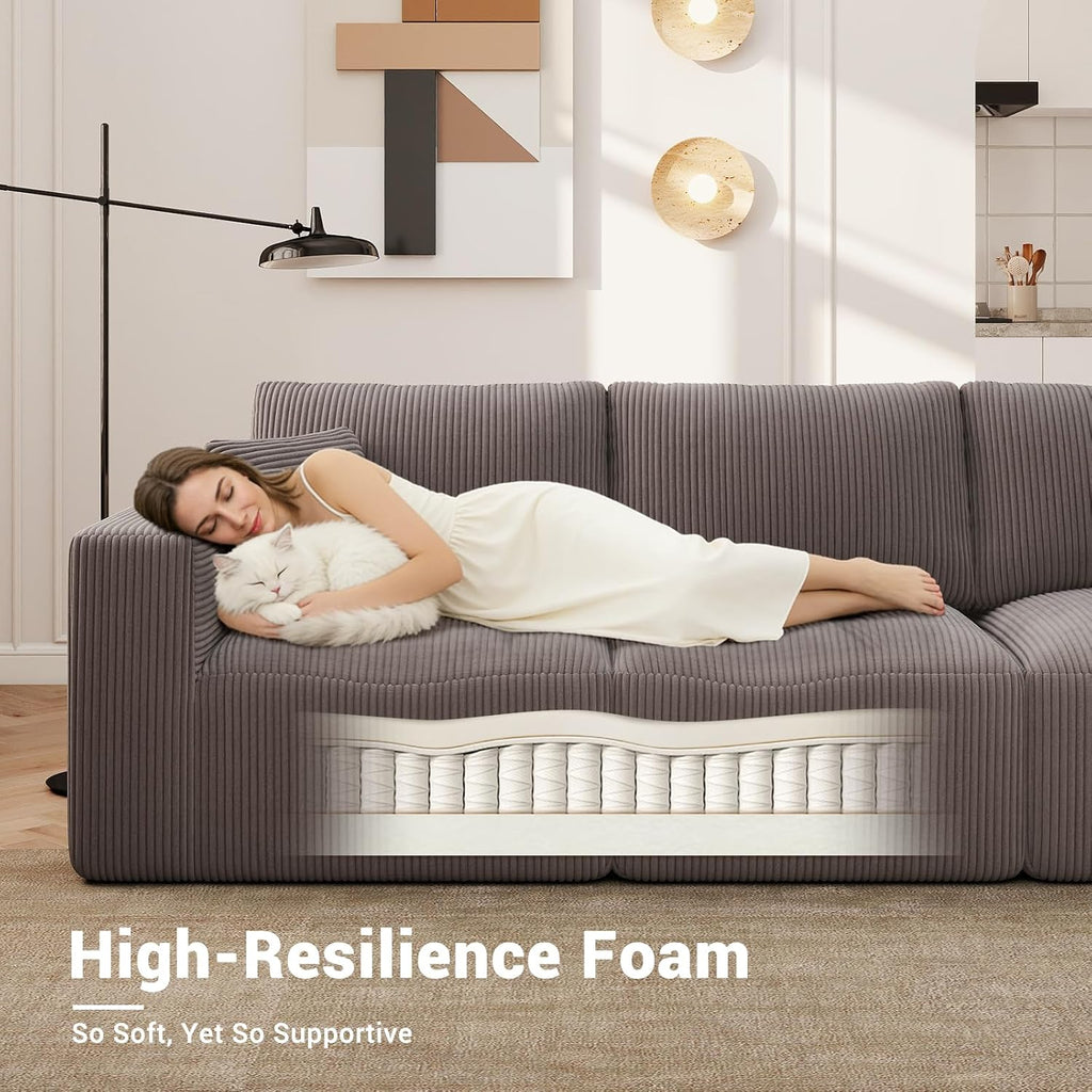 Modular Sectional Sleeper Sofa Couches for Living Room - Modern 110" L-Shaped Boneless Cloud Couch - Easy Assembly, Cozy Corduroy Convertible Full Sponge Compression Sofas for House, Apartment(Grey)