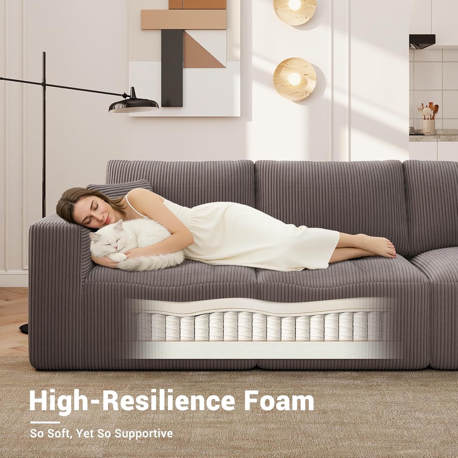 Modular Sectional Sleeper Sofa Couches for Living Room - Modern 110" L-Shaped Boneless Cloud Couch - Easy Assembly, Cozy Corduroy Convertible Full Sponge Compression Sofas for House, Apartment(Grey)