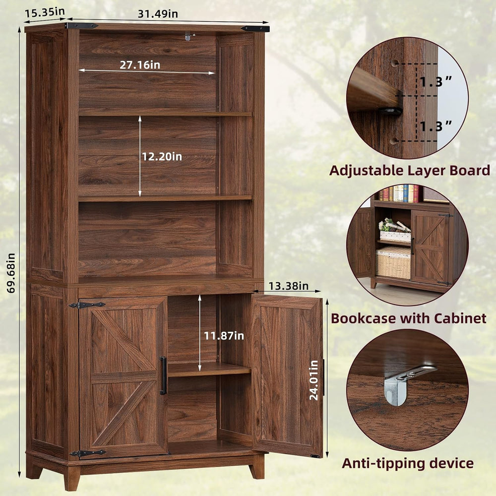 Joaxswe 70in Tall Bookshelf 5 Tier Bookcase with Barn Doors and Adjustable Sh...