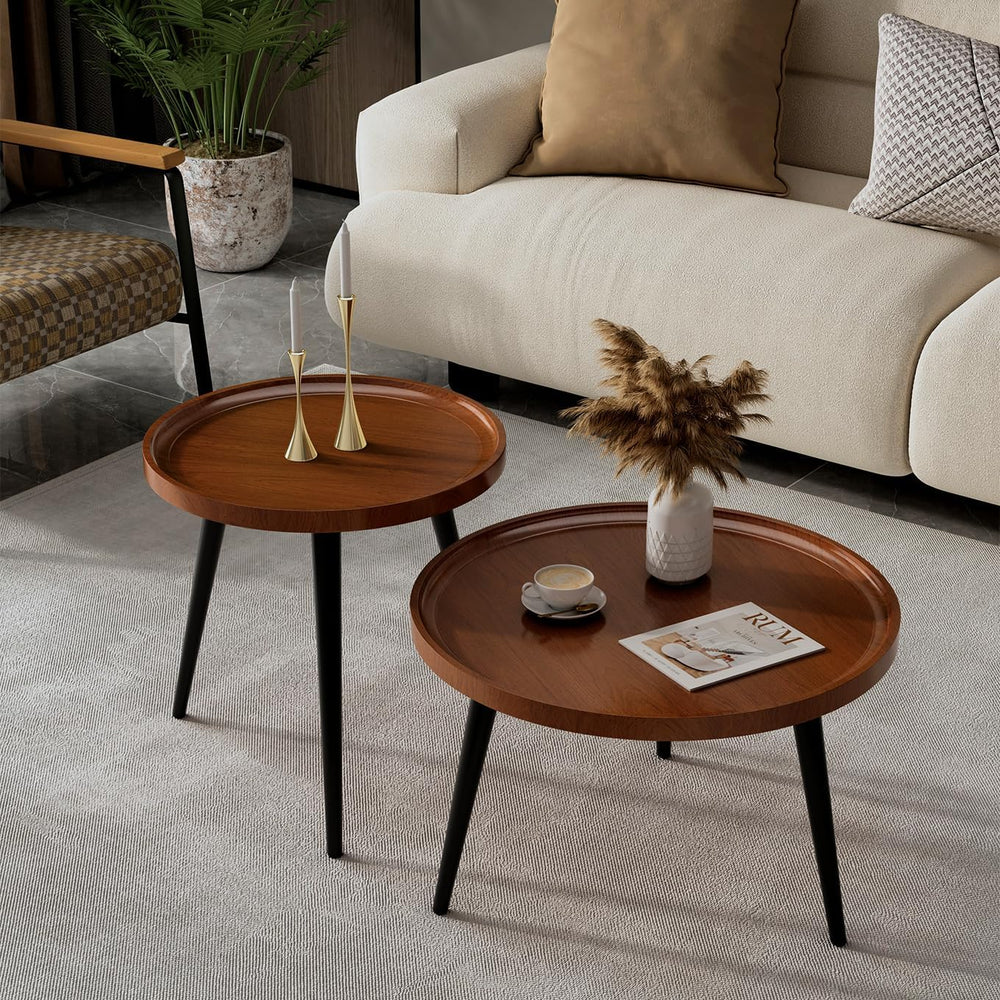 2-Piece Walnut Coffee Table,Durable Mid Century Small Round Coffee Tables for...