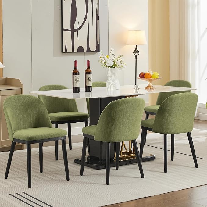 Upholstered Dining Chairs Set of 6,Modern Fabric Dinner Chairs with Wood Legs,Large Dining Room Kitchen Chairs with High Back and Deep Seat for Dining Room Kitchen Restaurant,Green
