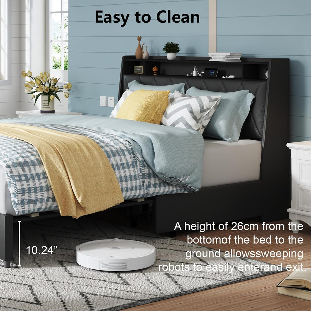 Peanu Queen Bed Frame, Ergonomic Headboard, Built in Charger Black
