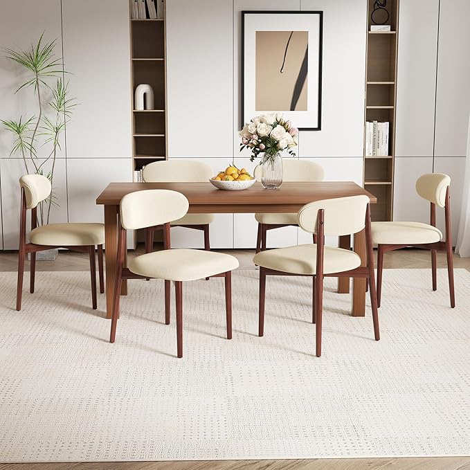 Wooden Dining Chair Set of 4, Modern Dining Chairs with with Curved Back, Linen Fabric Upholstered Kitchen Room Chairs with Adjustable Legs for Farmhouse Dining Living Room,Beige