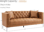 HIFIT 79" W Brown Faux Leather Sofa Couch with 2 Pillows, 3 Seater Couches for Living Room, Handmade Button Tufted Cushions and Metal Legs, Modern Leather Sofa for Apartment, Office