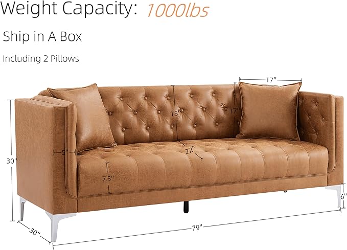 HIFIT 79" W Brown Faux Leather Sofa Couch with 2 Pillows, 3 Seater Couches for Living Room, Handmade Button Tufted Cushions and Metal Legs, Modern Leather Sofa for Apartment, Office