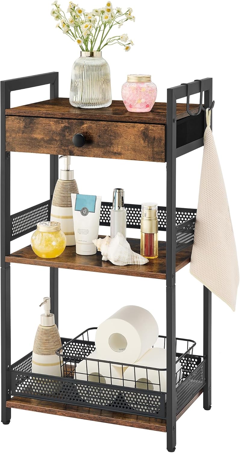 FAVOOSTY Bathroom Ladder Shelf, 3-Tier Bathroom Floor Storage Shelf with Drawer, Freestanding Towel Shelf, Bookcase End Table Open Shelving Unit for Living Room,Balcony, Rustic Brown