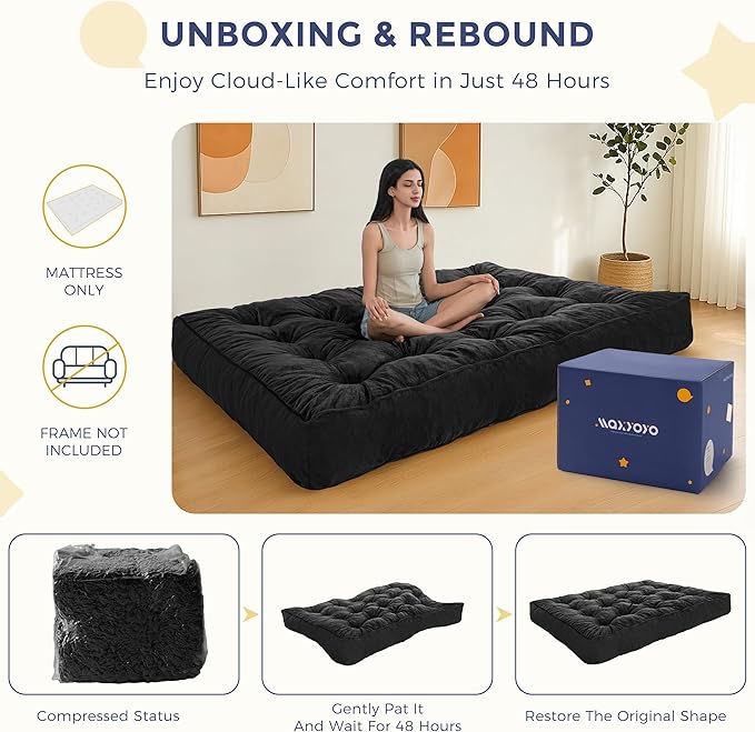MAXYOYO 8" Futon Mattress, Full Size Extra Thick Futons Sofa Couch Bed for Adults, Velvet Floor Mattress Shredded Foam Filling (Frame Not Included)
