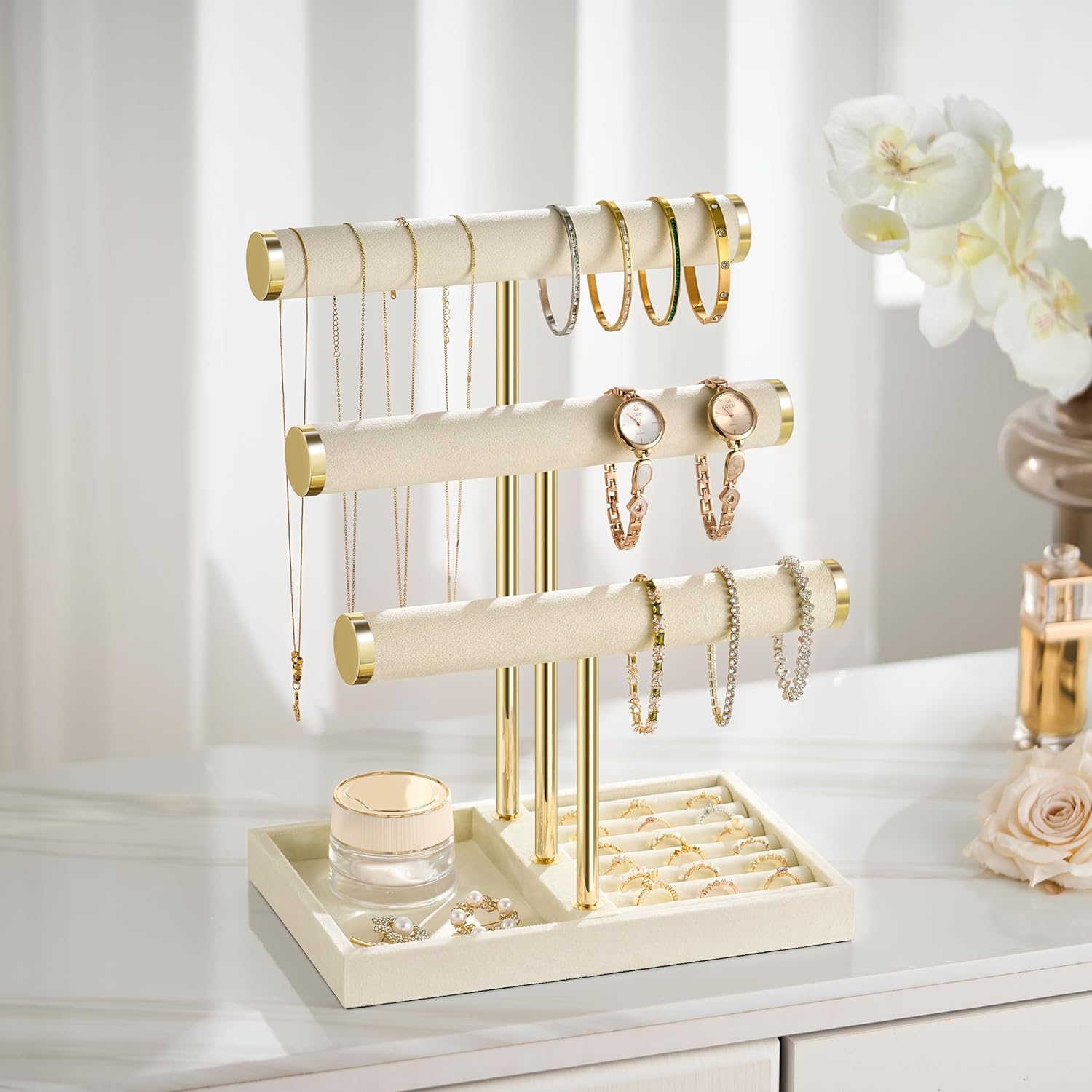 3 Tier Bracelet Holder Display - Detachable T Bar Beige Velvet Bracelet Holder, Jewelry Holder Organizer for Bracelet, Necklace, Earrings, Rings