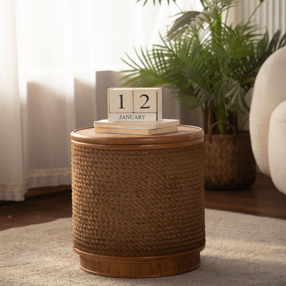 Round Rattan Coffee Table Set of 2 with Lift-Off Lid Storage, Boho-Chic End T...