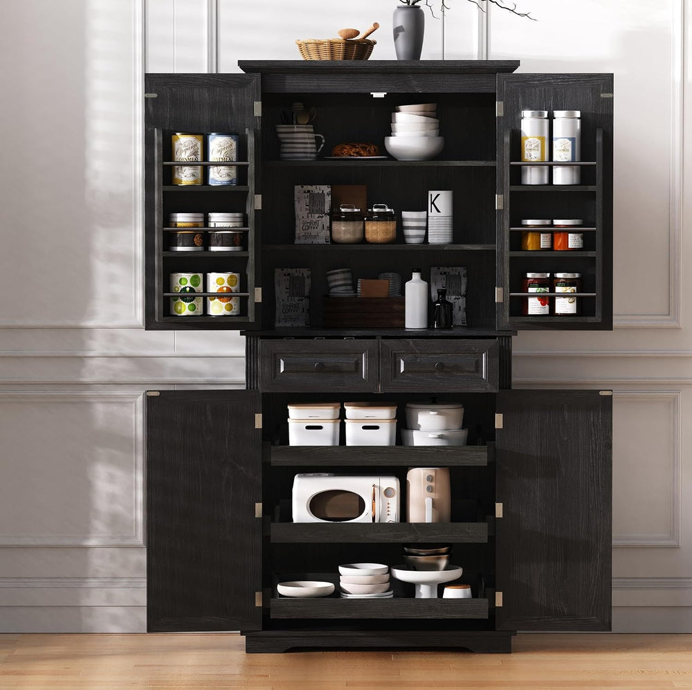 71" Tall Kitchen Pantry Cabinet with 3 Pull Out Organizers, Farmhouse St...