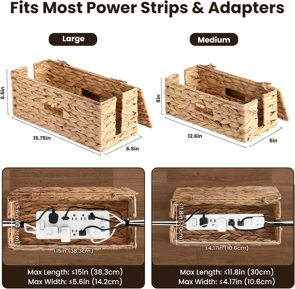 2 Pack Cable Management Box with Lid, Handwoven Water Hyacinth Cord Organizer, 4 Side Open Slots Cable Hider for Power Strips, Cords & Wires, Desk/Floor/Office Storage Box to Hide Electronics Clutter