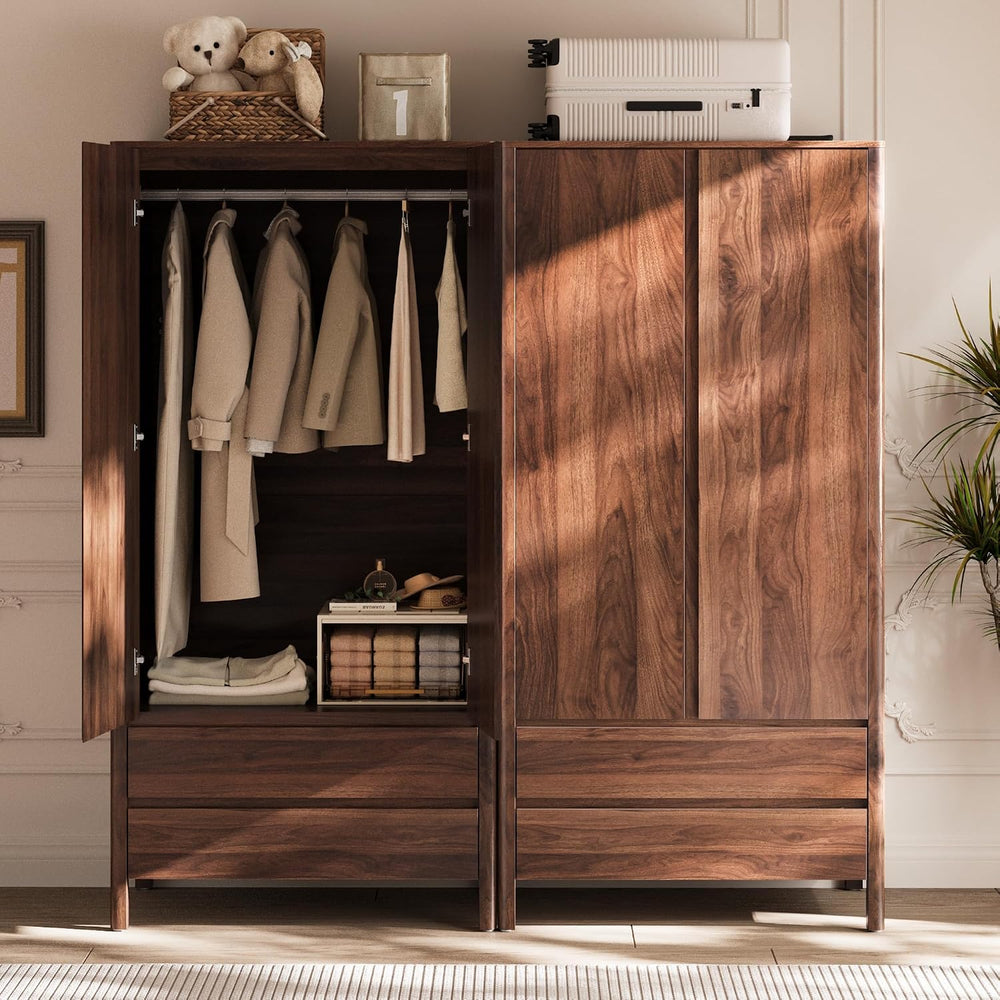 MAISONARIA Wardrobe with 2 Doors and 2 Drawers, 70.9”H Modern Walnut Bedroom ...