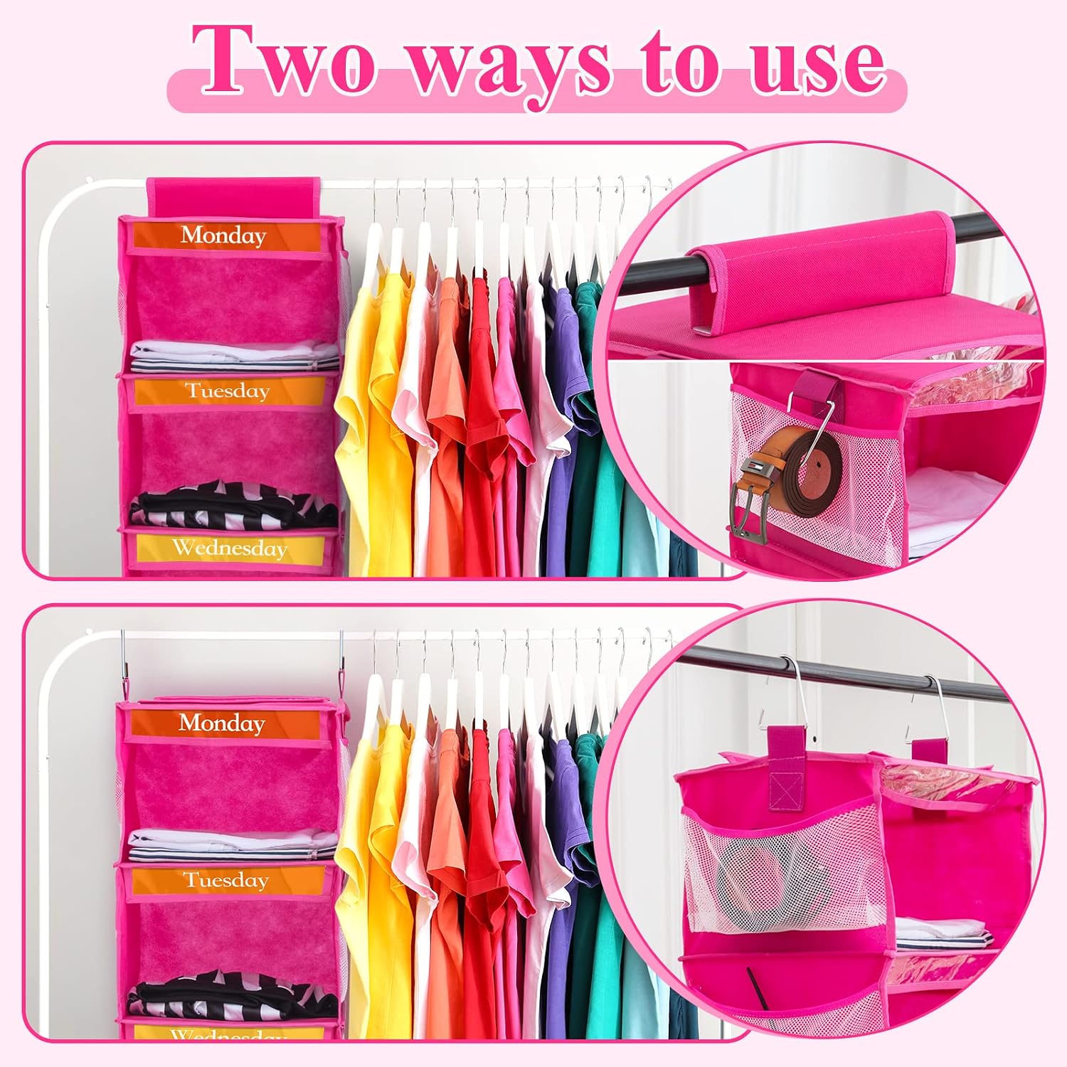 2 Pcs 6 Shelf Hanging Weekly Clothes Organizer for Kid,Rose Red | Closet Organization, Hanging Closet Shelves with Side Pockets, Labeled Shelves with Days of The Week Monday Through Weekend