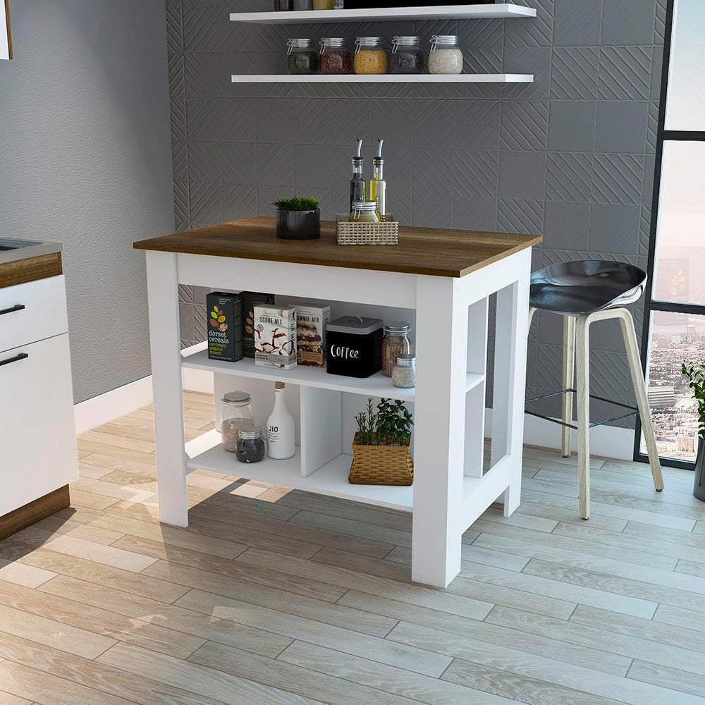 Kitchen Island with Four Legs and Three Shelves - White/Walnut | Three storag...