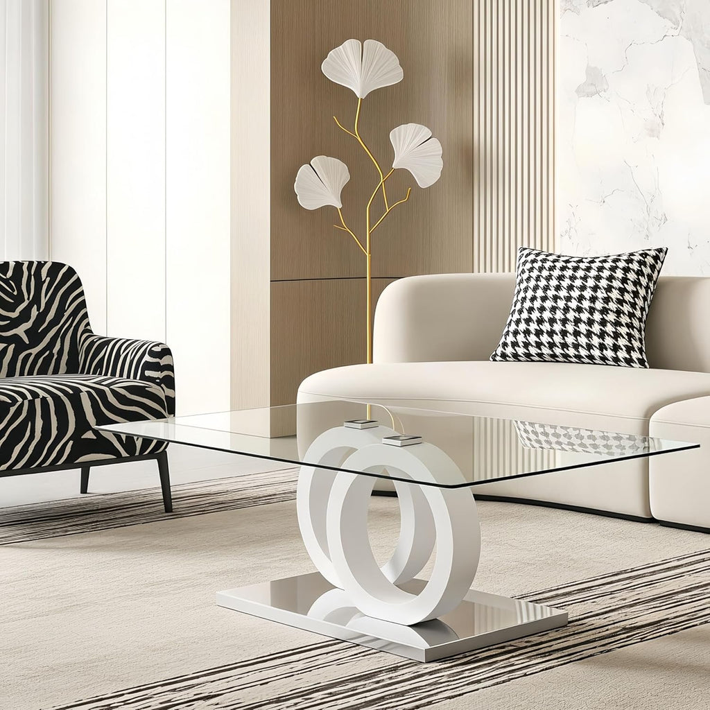Glass Coffee Table for Living Room, White Modern Rectangular Center Table, 47” Living Room Table with Clear Tempered Glass Top with MDF OO Legs and Silver Metal Base (White, 47.2 inches)