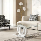 Glass Coffee Table for Living Room, White Modern Rectangular Center Table, 47” Living Room Table with Clear Tempered Glass Top with MDF OO Legs and Silver Metal Base (White, 47.2 inches)