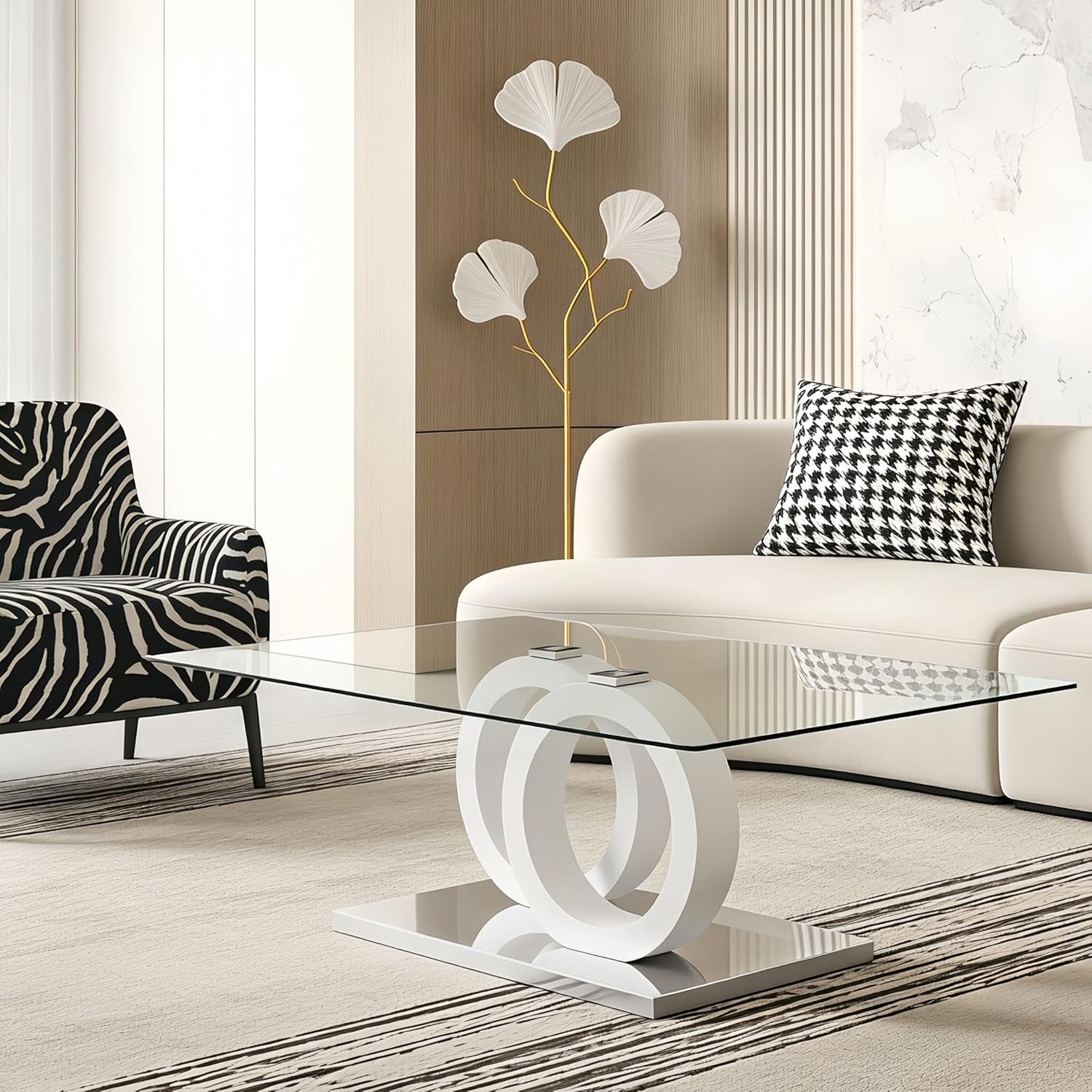Glass Coffee Table for Living Room, White Modern Rectangular Center Table, 47” Living Room Table with Clear Tempered Glass Top with MDF OO Legs and Silver Metal Base (White, 47.2 inches)