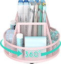 YINGHUA Metal Mesh Desk Organizer with 5 Compartments and Rotating Pencil Holder Pen and Stationery Organizer for Office Home School Anti Slip Base Pink