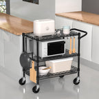 Heavy Duty Rolling Cart with Wheels, 3 Tier Commercial Grade Utility Cart, Metal Kitchen Storage Trolley with Handle Bar & Shelf Liner for Food Service Tool, Black