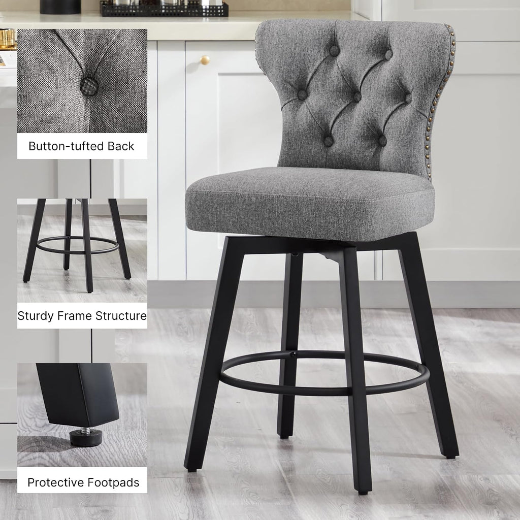 Counter Height Barstools 26 inch Upholstered Button Tufted Swivel Bar Stools with Back and Wood Legs for Kitchen Island,Set of 2,Grey-Nailhead Trim