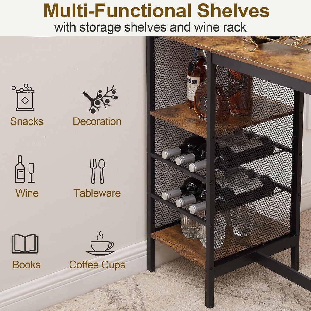 VECELO Bar Table and Chairs Set for 2, 3-Piece Dining Set with Storage Shelves, Cup Holder & Wine Rack, PU Leather Cushion Stools, for Kitchen Small Space, Brown