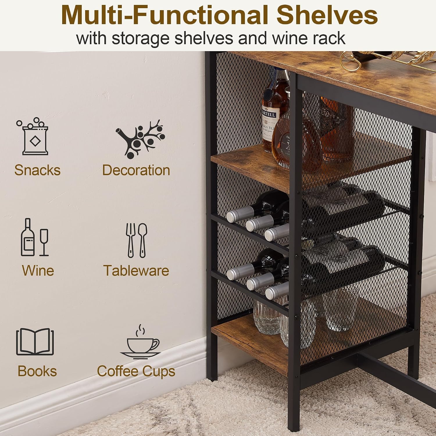 VECELO Bar Table and Chairs Set for 2, 3-Piece Dining Set with Storage Shelves, Cup Holder & Wine Rack, PU Leather Cushion Stools, for Kitchen Small Space, Brown