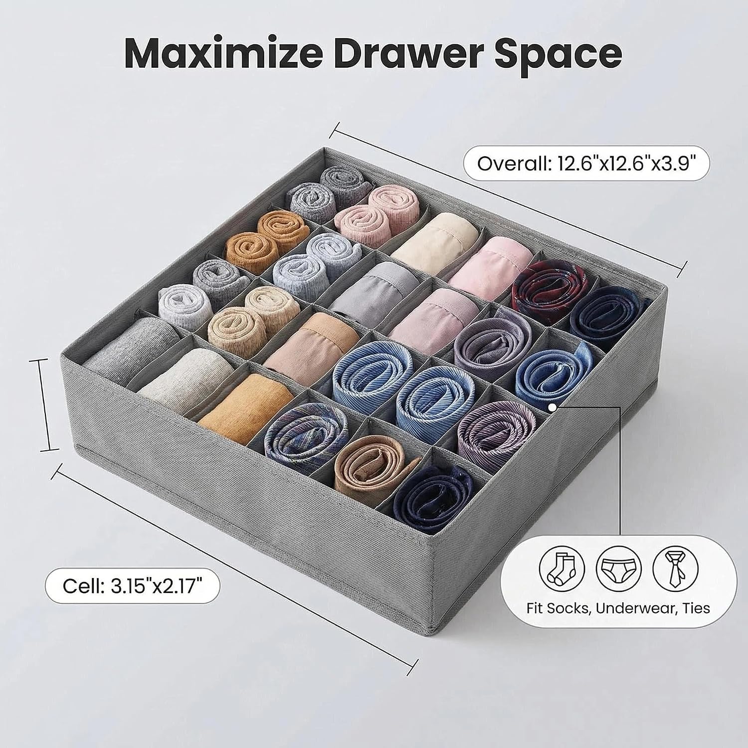Underwear Sock Organizer, 24-Cell Foldable Drawer Divider & Closet Storage Box with Zipper, Strong Fabric for Underwear, Bras, Accessories, Wardrobe & Travel (Grey)