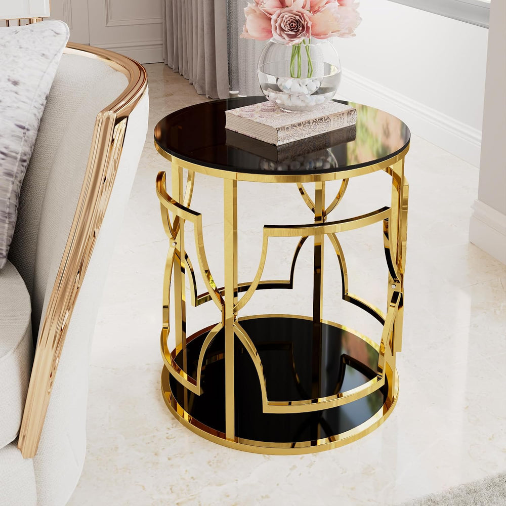 Merax 19.7" Round Gold Metal Side Table with Tempered Glass Top & 2-...