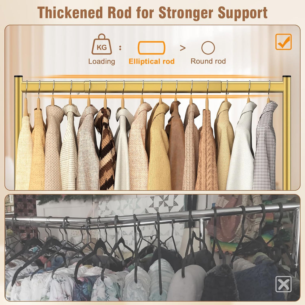 EAGMAK Heavy Duty Clothes Rack Load 420 LBS, Rolling Garment Organizer with Lockable Wheels, Standing Metal Clothing with Shelves, Portable Wardrobe Rack Sturdy Coat Rack for Hanging (Gold)