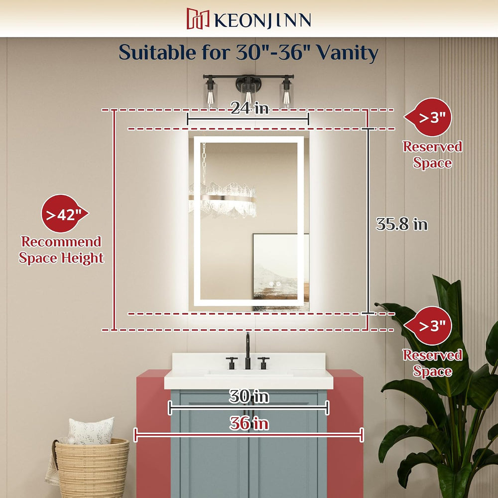 Keonjinn 24x36 Inch LED Bathroom Mirror with Lights, Frontlit & Backlit