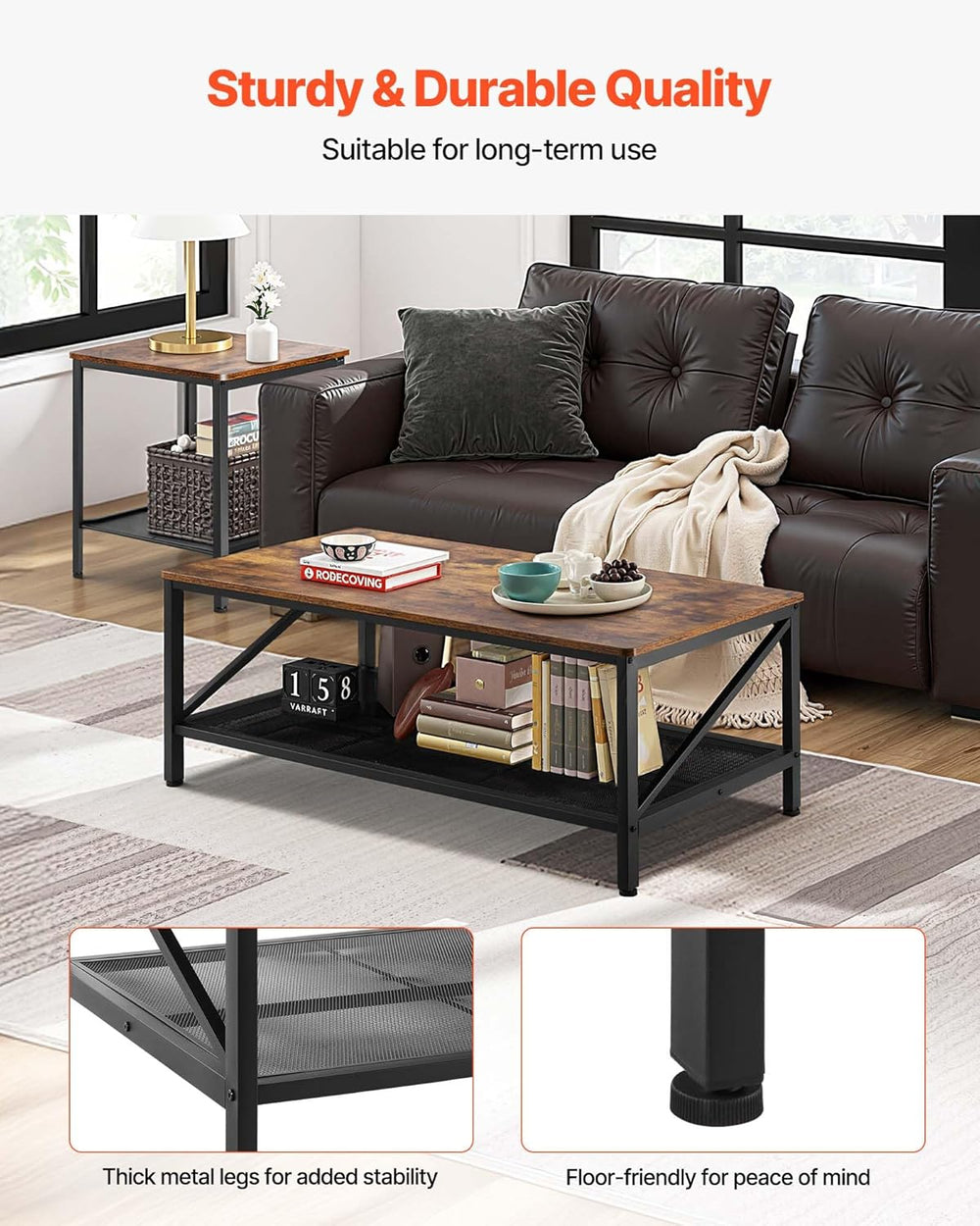 VEVOR 3 Pieces Living Room Table Sets, 41.3 in Industrial Coffee Table with 2...