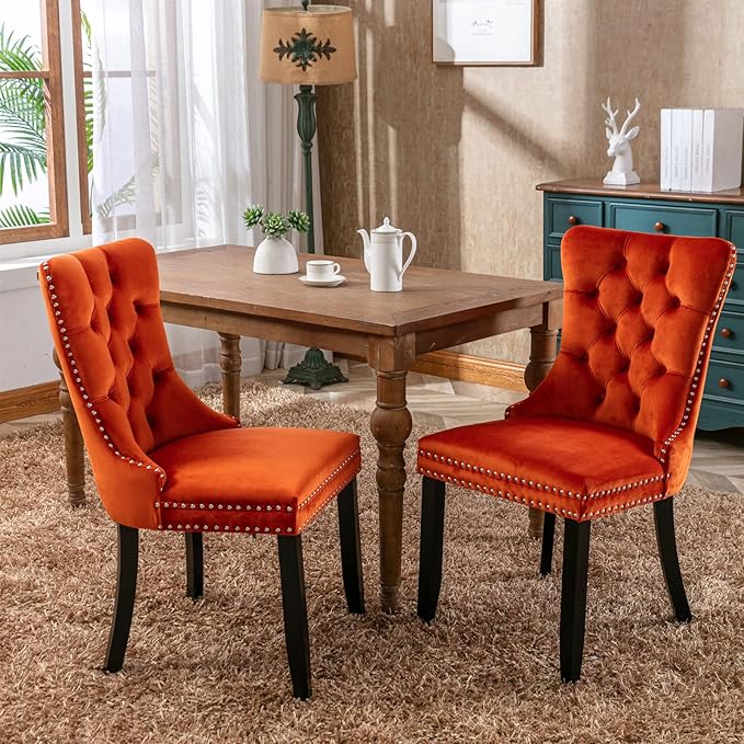 Velvet Kitchen Chairs Set of 6, Tufted Upholstered Dining Room Chairs with Back Ring Pull, Nailhead Trim and Solid Wood Legs, Modern Dining Chairs for Dining Room, Kitchen,Orange