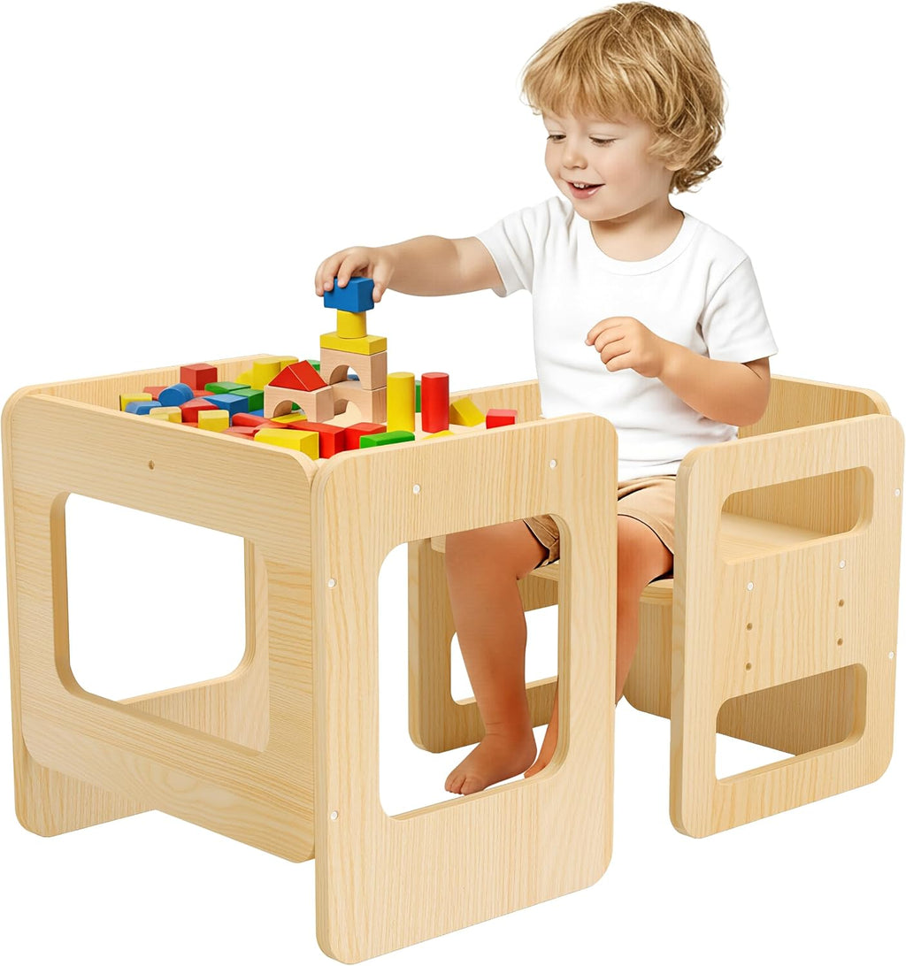 Tilhumt Montessori Weaning Table and Chair Set - 3 Adjustable Height | Kids Activity Table with Fence Wood Toddler Table and Chair Set for 1-3 Age Kids for Read, Playing, Eating, Step Stool