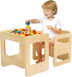 Tilhumt Montessori Weaning Table and Chair Set - 3 Adjustable Height | Kids Activity Table with Fence Wood Toddler Table and Chair Set for 1-3 Age Kids for Read, Playing, Eating, Step Stool