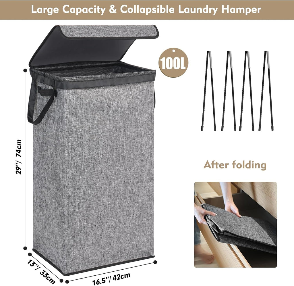 DOKEHOM 100L Laundry Basket with Lid and Removable Laundry Bags, Large Collapsible Laundry Hamper for Bedroom, Bathroom, Laundry Room, Colloge (Grey)